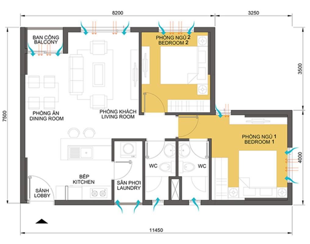 Mặt bằng căn góc 2 phòng ngủ T2B-09 Căn góc Masteri Thảo Điền tầng cao T2B 2 phòng ngủ, nội thất gỗ