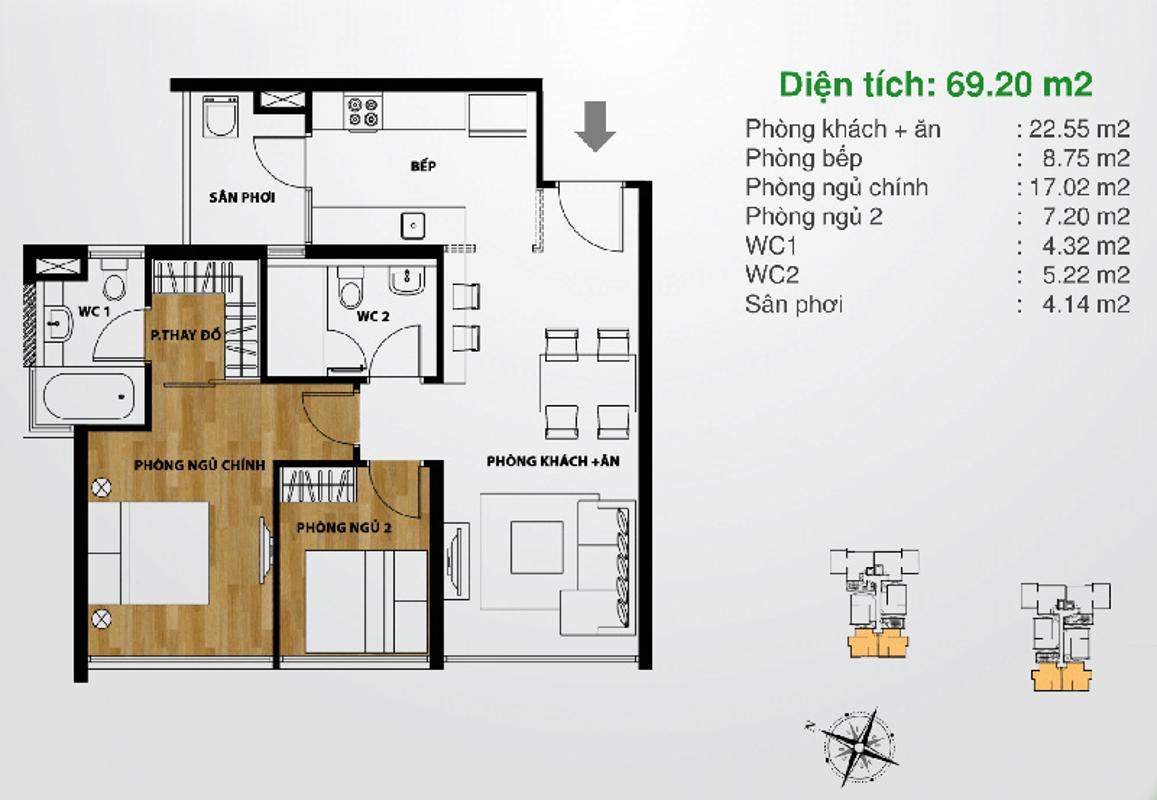 Căn hộ 2 phòng ngủ hướng Tây A-04 Căn góc hướng Tây Nam tầng cao tháp A The Ascent