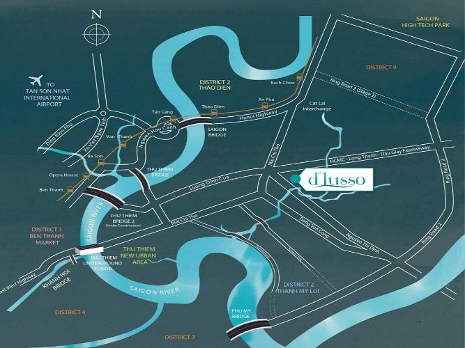 Vị trí D'Lusso Quận 2 Căn hộ D'Lusso tầng trung, 2 phòng ngủ, bàn giao nội thất cơ bản.