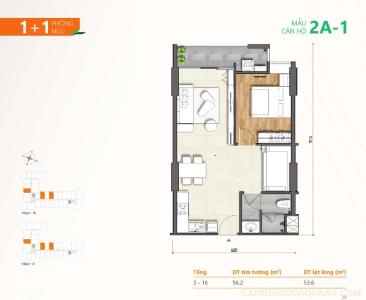 Layout Ricca Quận 9 Căn hộ Ricca 1 phòng ngủ view  thoáng mát, nội thất cơ bản.
