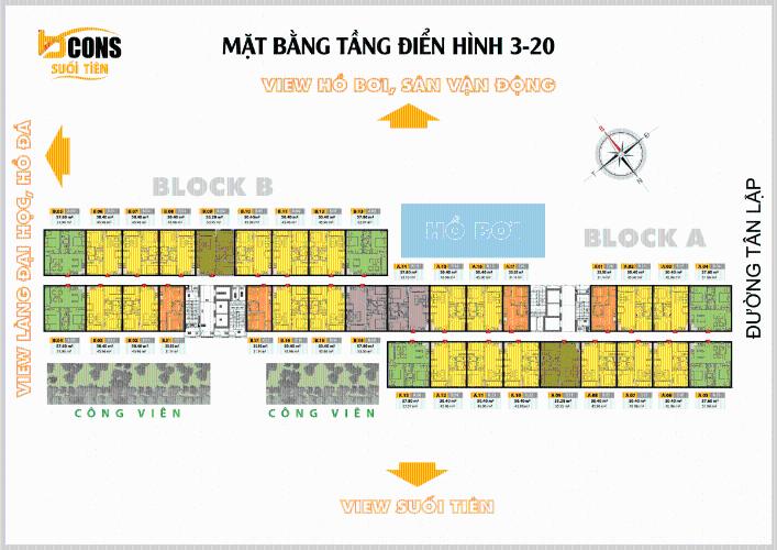 Mặt bằng dự án Căn hộ Bcons Suối Tiên tầng thấp, nội thất cơ bản, hướng Đông Bắc.