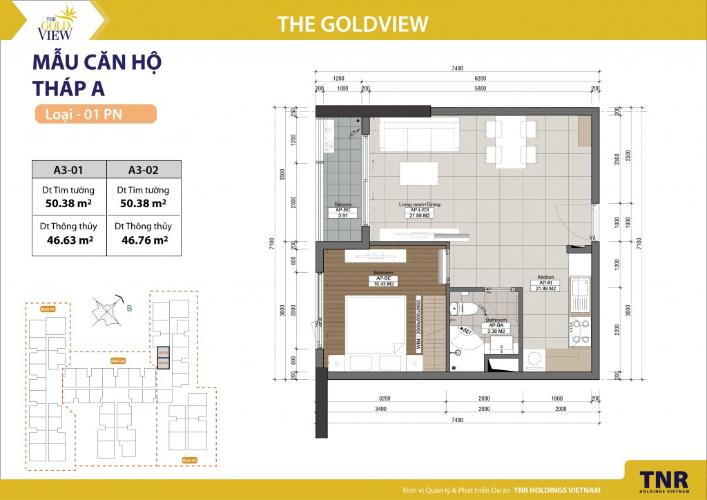 Căn hộ 1 phòng ngủ Căn hộ The Gold View 1 phòng ngủ tầng cao A3 view sông