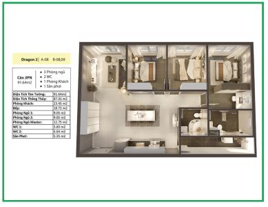 Phối cảnh căn hộ Topaz Elite Căn hộ Topaz Elite tầng cao, 3 phòng ngủ, view thành phố.