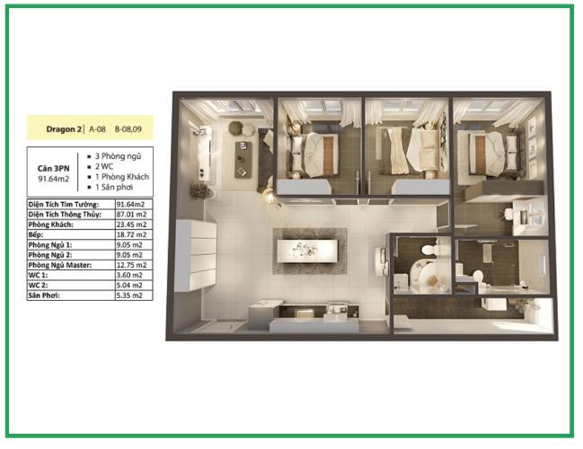 Phối cảnh căn hộ Topaz Elite Căn hộ Topaz Elite tầng cao, 3 phòng ngủ, view thành phố.