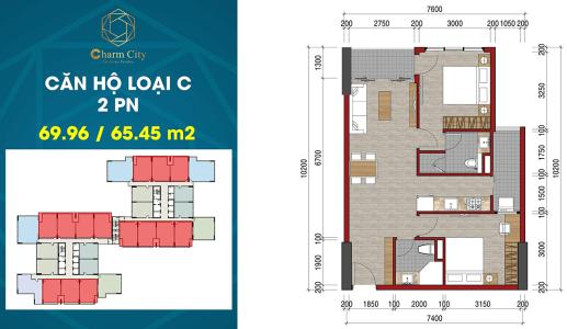 Layout căn hộ Charm City Căn hộ Charm City tầng cao cửa hướng Nam, 2 phòng ngủ.