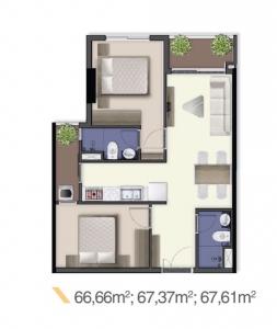 Layout Q7 Sài Gòn Riverside Căn hộ Q7 Saigon Riverside 2 phòng ngủ, view đường Đào Trí.