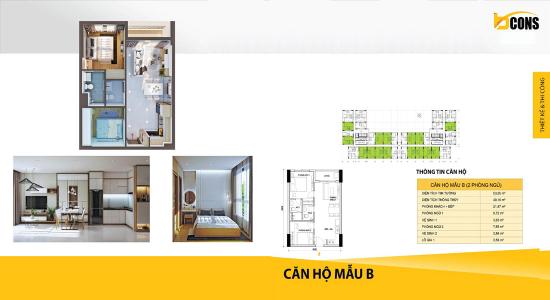 Mặt bằng nội thất Bcons Suối Tiên Căn hộ Bcons Suối Tiên tầng trung, ban công hướng Tây Nam.