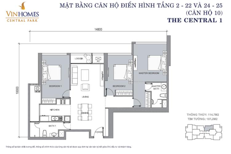 Căn hộ 3 phòng ngủ căn số 10 Căn hộ The Central Vinhomes Central Park tầng cao tháp C1 view sông