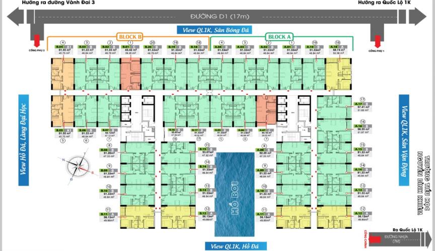 Mặt bằng block A Căn hộ Bcons Green View tầng thấp, không có nội thất.