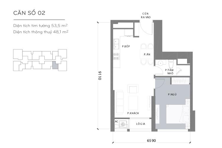 Mặt bằng căn hộ 1 phòng ngủ Căn hộ Vinhomes Central Park trung tầng Landmark 3 thiết kế hiện đại, sang trọng