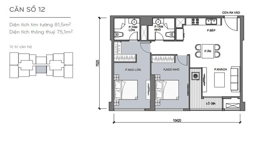 Mặt bằng căn hộ 2 phòng ngủ Officetel Vinhomes Central Park 2 phòng ngủ nhà trống
