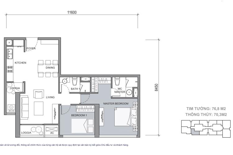 Mặt bằng căn hộ 2 phòng ngủ Căn hộ Vinhomes Central Park 2 phòng ngủ tầng cao C3 hướng Tây