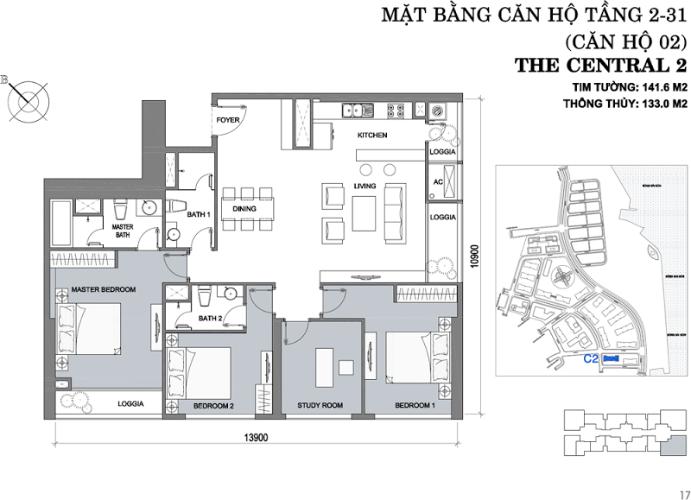 Mặt bằng căn hộ 4 phòng ngủ Căn hộ Vinhomes Central Park 4 phòng ngủ tầng trung C2 view sông