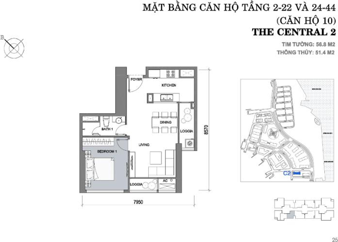 Mặt bằng căn hộ 1 phòng ngủ Căn hộ Vinhomes Central Park tầng cao Central 2 view sông