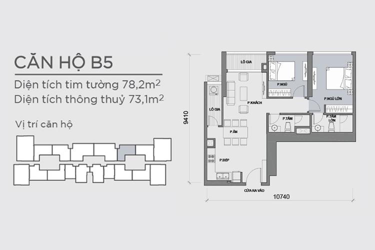Mặt bằng căn hộ 2 phòng ngủ mã căn B5 Căn hộ Vinhomes Central Park tầng thấp hướng Đông tháp P6
