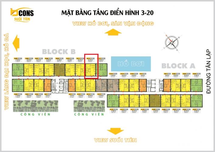 Layout tầng căn hộ Bcons Suối Tiên Căn hộ Bcons Suối Tiên cửa hướng Tây Nam, view nội khu yên tĩnh.