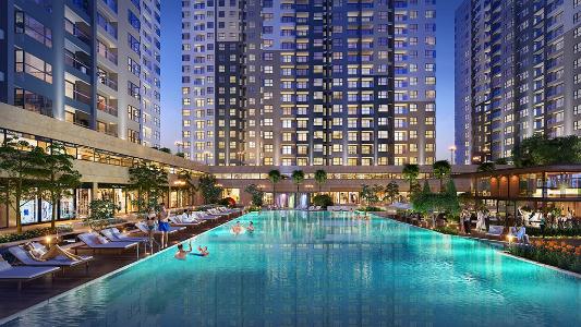 Nội khu hồ bơi Akari City Căn hộ Akari City tầng 20 bàn giao nội thất cơ bản