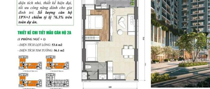 Mặt bằng căn hộ Ricca Bán căn hộ Ricca, diện tích 53.4m2 - 2 phòng ngủ thuộc tầng thấp, block B, ban công hướng Đông, đầy đủ nội thất.
