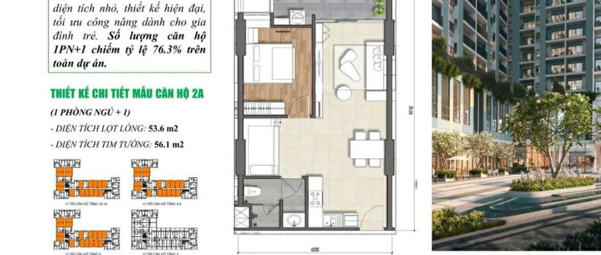 Mặt bằng căn hộ Ricca Bán căn hộ Ricca, diện tích 53.4m2 - 2 phòng ngủ thuộc tầng thấp, block B, ban công hướng Đông, đầy đủ nội thất.