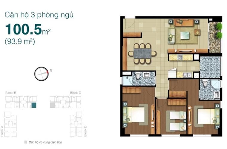 Mặt bằng căn hộ 3 phòng ngủ Căn hộ Lexington Residence 3 phòng ngủ tầng cao LB nội thất cơ bản