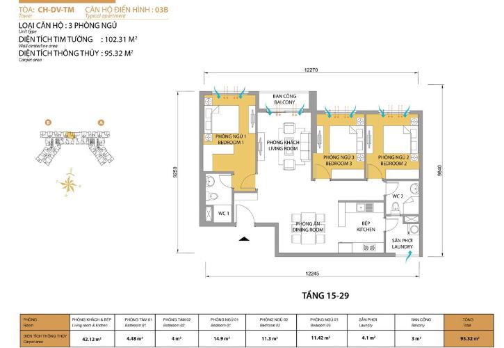 Mặt bằng căn hộ 3 phòng ngủ Căn hộ Masteri Thảo Điền tầng thấp tháp T5 đầy đủ tiện nghi