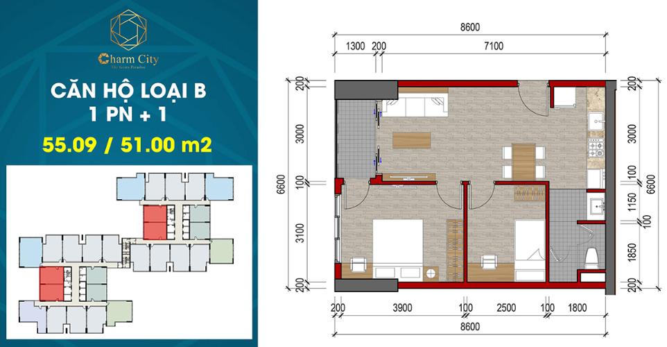 Layout căn hộ Charm City Căn hộ Charm City ban công hướng Nam, view tầng cao đón gió mát.