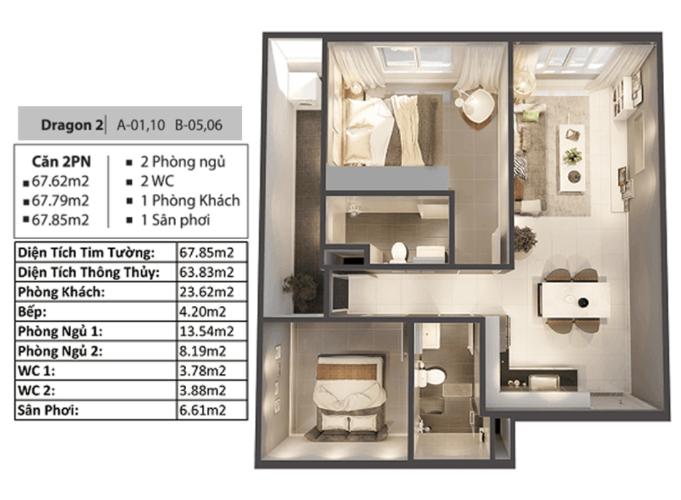Phối cảnh căn hộ Topaz Elite Căn hộ Topaz Elite 2 phòng ngủ, ban công hướng Đông Nam.
