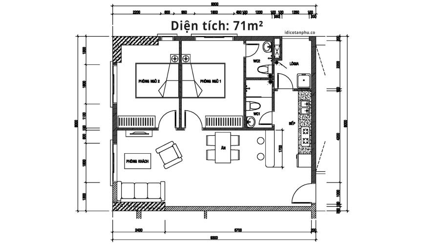 Mặt bằng căn hộ 2 phòng ngủ Căn hộ IDICO Tân Phú 2 phòng ngủ, tầng cao tháp C, chưa có nội thất