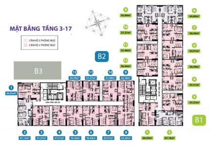 Layout Topaz Home 2, Quận 9 Căn hộ Topaz Home 2 tầng 9 bàn giao nội thất cơ bản, 3 phòng ngủ.