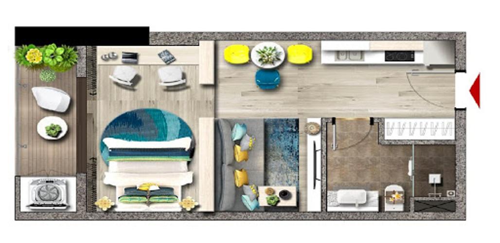 Layout officetel Sunrise Riverside Office-tel Sunrise Riverside nội thất cơ bản, ban công hướng Bắc.