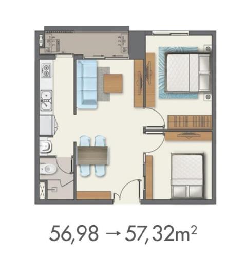 Mặt bằng căn hộ Q7 Boulevard Căn hộ Q7 Boulevard tầng cao, 2 phòng ngủ, diện tích 57m2, thiết kế hiện đại, nội thất cơ bản.
