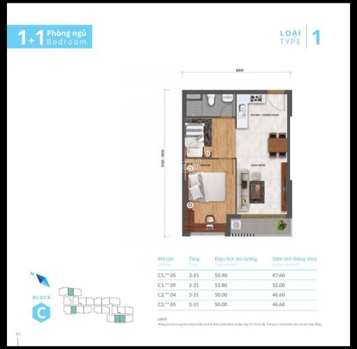 Sơ đồ căn hộ Safira Khang Điền Bán căn hộ Safira Khang Điền 1 phòng ngủ, tầng 17, diện tích 50m2, nội thất cơ bản