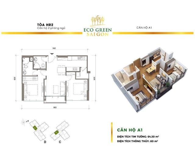 Căn hộ Eco Green Sài Gòn tầng cao hoàn thiện cơ bản, view nội khu