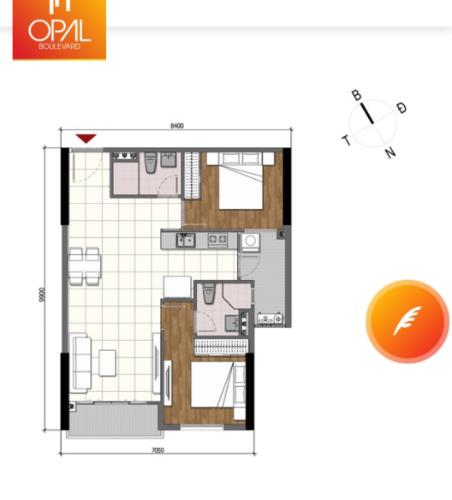Layout Opal Boulevard Căn hộ tầng cao Opal Boulevard 2 phòng ngủ, nội thất cơ bản.
