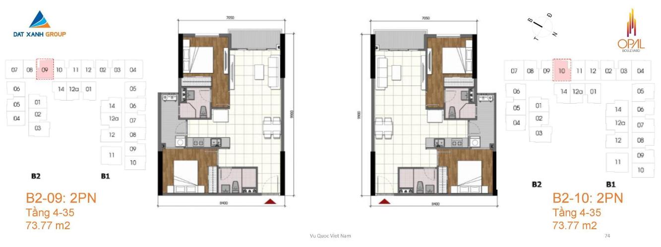 Layout căn hộ Opal Boulevard  Căn hộ Opal Boulevard tầng trung hướng cửa Đông Nam, ban công Tây Bắc.