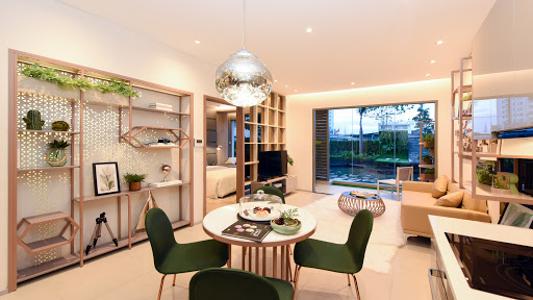 Phòng khách căn hộ River Panorama, Quận 7 Căn hộ River Panorama ban công hướng Đông Nam, view tầng cao.