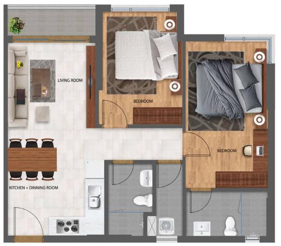 Layout mặt bằng 2pn  Bán căn hộ Safira Khang Điền phường Phú Hữu, Quận 9, diện tích 67.72m2
