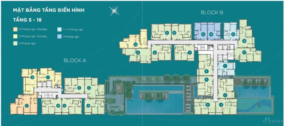 Layout tầng căn hộ D'Lusso Quận 2 Căn hộ chung cư D'Lusso nội thất cơ bản, ban công hướng Tây Bắc.