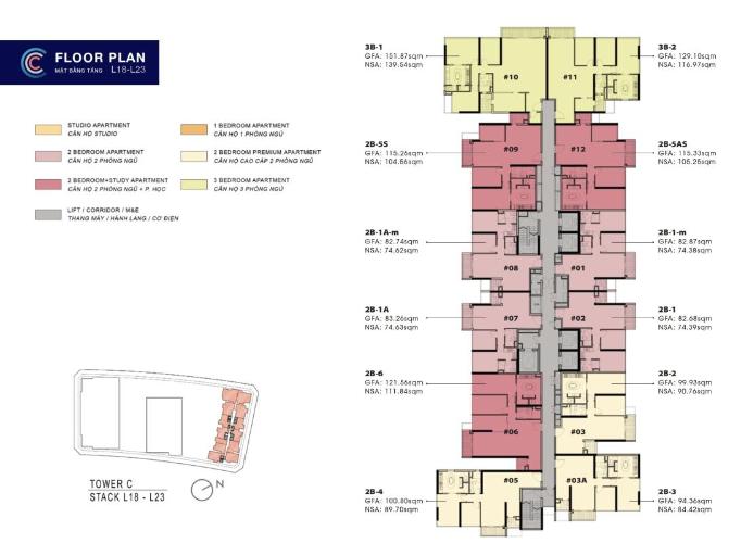 Layout tầng căn hộ The Metropole Thủ Thiêm, Quận 2 Căn hộ tầng 23 The Metropole Thủ Thiêm có 2 phòng ngủ, nội thất cơ bản.