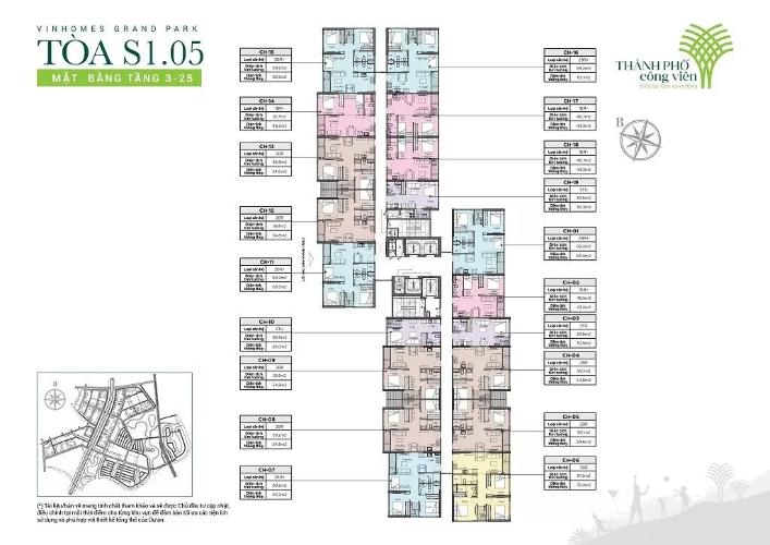 layout tháp S1.05 dự án Vinhome Grand park quận 9 Căn hộ Vinhomes Grand Park tầng trung, hướng view Đông Nam.