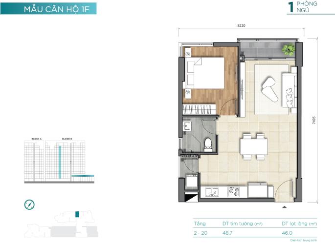 Layout D'Lusso Quận 2 Căn hộ D'Lusso 1 phòng ngủ, view sông thoáng mát.