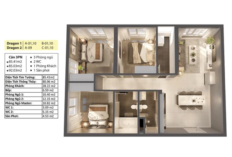 Phối cảnh căn hộ Topaz Elite Căn hộ 3 phòng ngủ Topaz Elite view thành phố sầm uất,