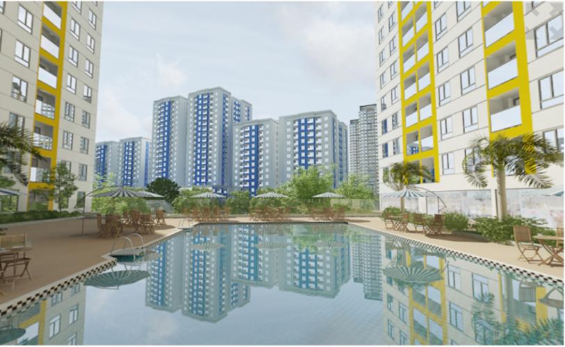 Nội khu hồ bơi Diamond Riverside Căn hộ Diamond Riverside nội thất cơ bản cao cấp, view nội khu.