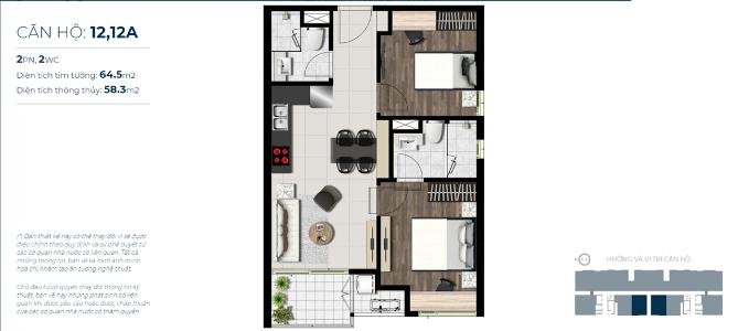 layout căn hộ Sky89 Căn hộ Sky 89 hướng ban công tây nội thất cơ bản diện tích 64.5m²