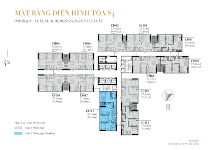Layout tầng căn hộ Sunshine City Saigon, Quận 7 Căn hộ Sunshine City Saigon tầng 10 diện tích 77.84m2, nội thất cơ bản.