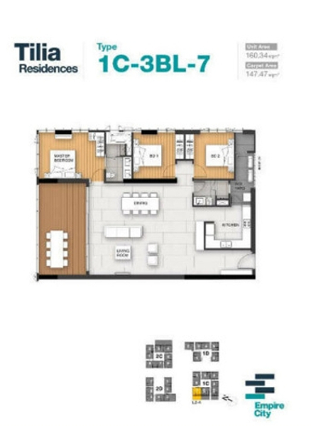 Căn hộ hạng sang Empire City tầng 3 thiết kế 3 phòng ngủ, nội thất cơ bản.