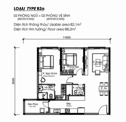 Layout căn hộ Diamond Alnata Plus, Quận Tân Phú Căn hộ Diamond Alnata Plus thiết kế 2 phòng ngủ, tiện ích đa dạng.