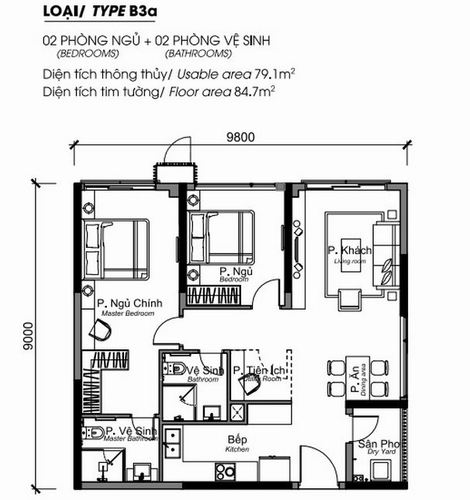 Layout căn hộ Diamond Alnata Plus, Quận Tân Phú Căn hộ Diamond Alnata Plus thiết kế 2 phòng ngủ, không gian thoáng đãng.