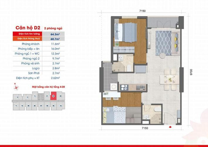 Layout căn hộ West Intela, Quận 8 Căn hộ West Intela hướng ban công đông nam nội thất cơ bản diện tích 64m²