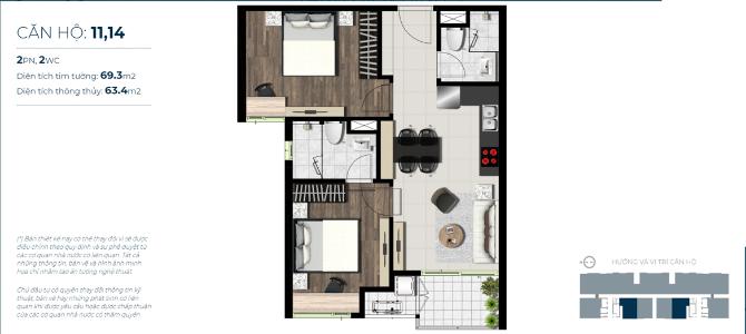 layout căn hộ Sky89 Căn hộ Sky 89 hướng ban công tây nội thất cơ bản diện tích 69.3m²